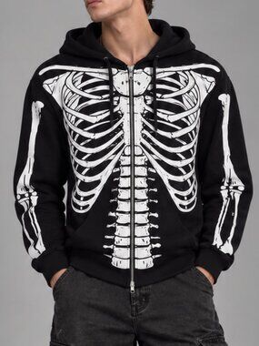 Skeleton Print Full Zip Hooded Sweatshirt Black Hoodie Spirit Halloween Small
